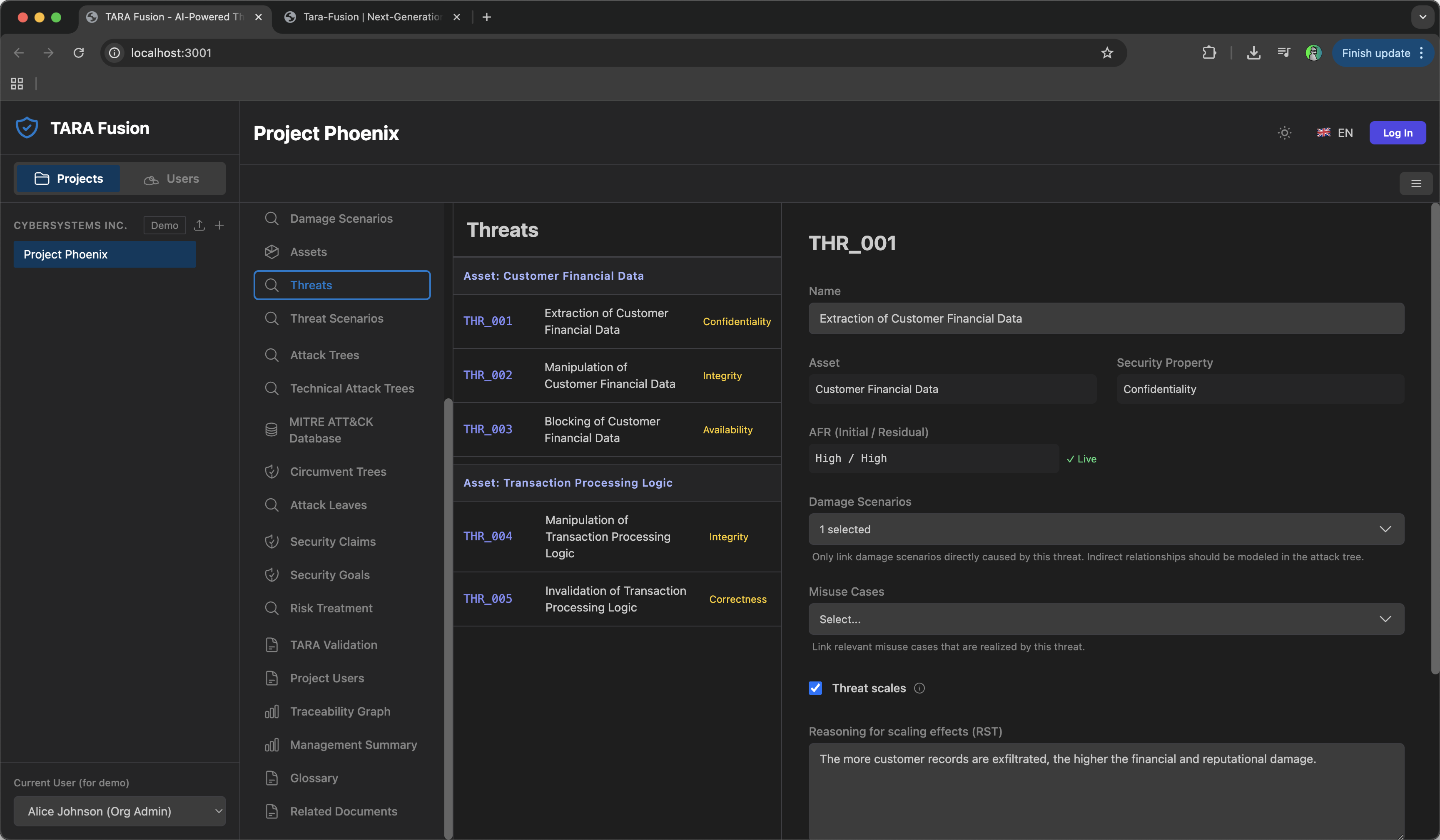 Screenshot of the Threat Modeling Canvas in Tara-Fusion